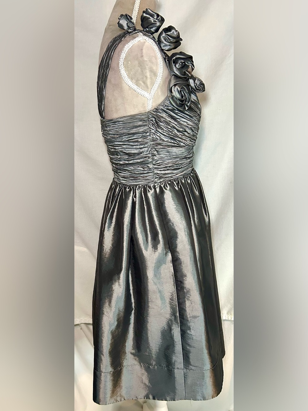 Maggy London Metallic Gunmetal Taffeta Ruched Rosette Party Dress, Size S - Picture 11 of 17